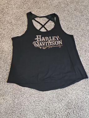 EUC Harley-Davidson Black Tank with Orange Gold Logo & Crisscross Back Womens XL